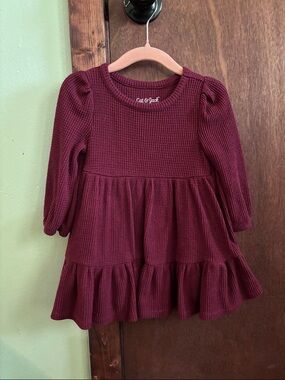 Cat & Jack Wine Red Waffle Knit Tiered Dress with Floral Striped Leggings